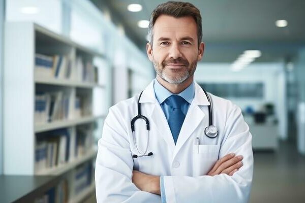 Orvos portréja kórházi környezetben, karba tett kézzel.