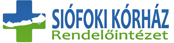 Siófoki Kórház Rendelőintézet logója: kék kereszt zöld-fehér tájjal.